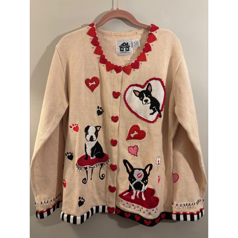 NEW Storybook Knits Boston Terrier Hearts Cardigan Sweater L Beaded